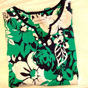 Alfred Dunner top women’s S navy/green floral beading at neck tunic 3/4 sleeve